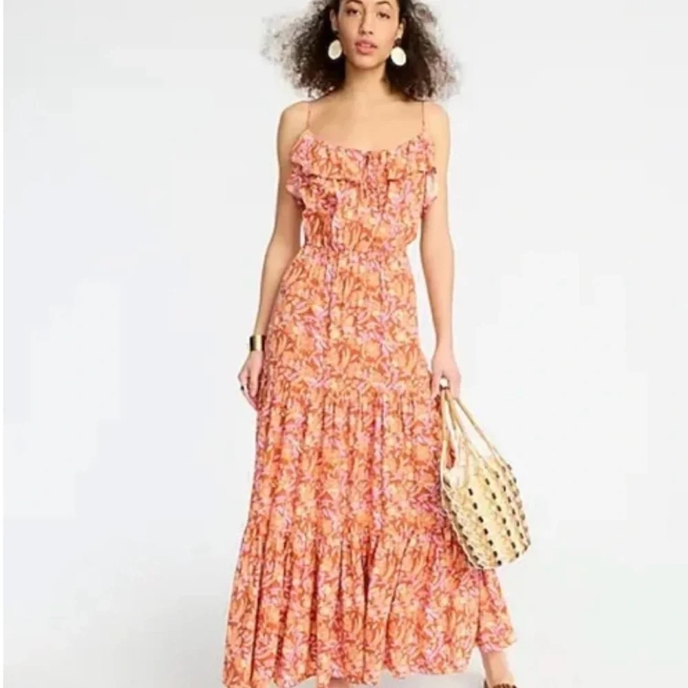 J. Crew Tiered Floral Orange Maxi Dress. Size S. NWT. - Picture 1 of 12